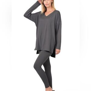 Zenana Brushed Soft Microfiber Long Sleeve Loungewear Set (Ash Grey)